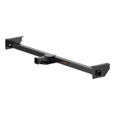 Adjustable trailer hitch for RV towing, sleek black design, featuring versatile 2-inch receiver for enhanced towing capability.