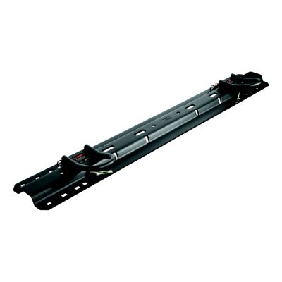 Black CURT 16000 5th wheel hitch safety chain anchors on standard rails, designed for secure towing.