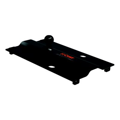 Black CURT 16055 hitch adapter for gooseneck trailer, with bent plate design and industry-standard rail compatibility.