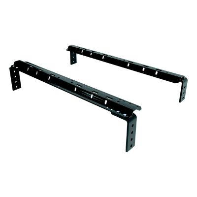 Gloss black 5th wheel hitch rails and brackets, CURT 16100, showcasing durable industry-standard design, 25,000 lb capacity.
