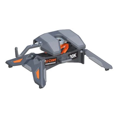 CURT PowerRide 5th Wheel Hitch, sleek grey and orange design, robust build, ideal for heavy-duty towing.