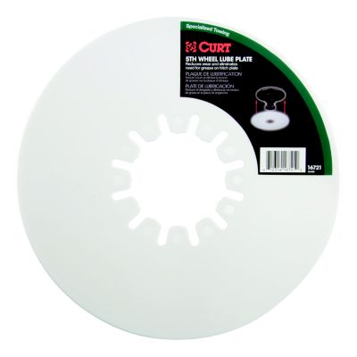 CURT 5th Wheel Hitch Lube Plate with label, designed to reduce wear and eliminate the need for grease on hitch plates.