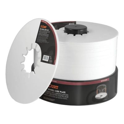 CURT 16721025 5th Wheel Hitch Lube Plates, 25-Pack display, features stack of round, white lube plates in packaging.
