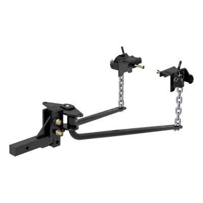 Round Bar Weight Distribution Hitch with Integrated Lubrication, featuring dual chains and rugged adjustable design.