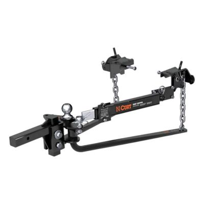 CURT 17062 hitch with round bar, sway control, and lubrication features, designed for weight distribution, with chrome ball.