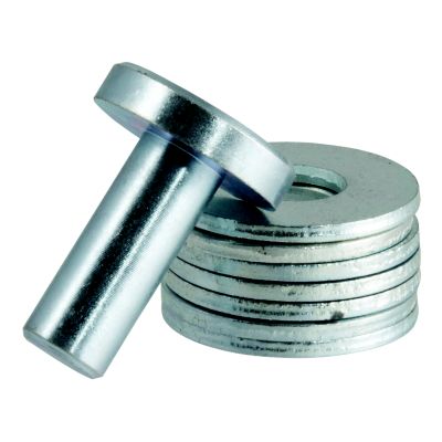 Round bar weight distribution hitch head adjustment kit with cylindrical pin and stack of washers.