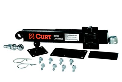 Trailer anti-sway bar control kit with mounting hardware, featuring CURT branding and adjustable components.