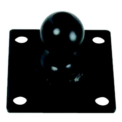 Trailer-mounted sway control ball with a sturdy black metal plate and rounded ball design for stability and control.