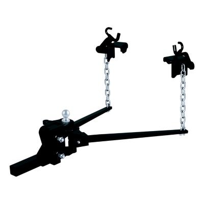 Short trunnion bar weight distribution hitch with chains, designed for up to 1000 lbs, featuring a robust 2-inch shank.