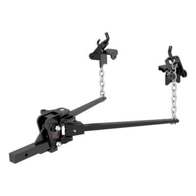 Weight distribution hitch with short trunnion bars and dual chains, designed for heavy-duty towing; features a robust metal shank.