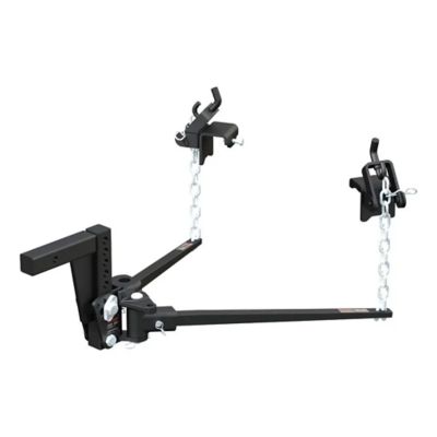 Deep Drop Trunnion Weight Distribution Hitch with adjustable shank and chains for towing stability and balance.