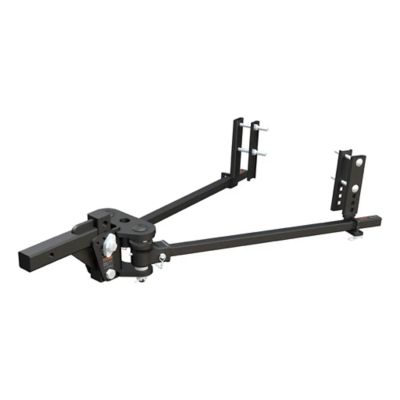 Weight distribution hitch with sway control, featuring robust steel construction and adjustable shank design for towing stability.