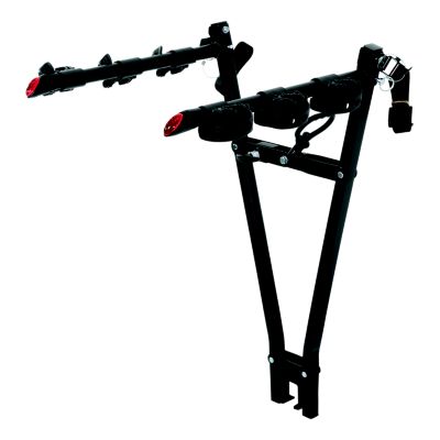 Clamp-On Trailer Hitch Bike Rack for 3 Bicycles, compatible with 2-Inch Shank, black metal with connectors.