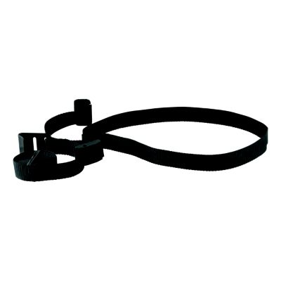 Black bike rack support strap with buckles, showcasing its durable material and design for secure bicycle transportation.