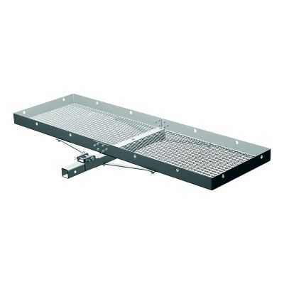 Aluminum tray hitch cargo carrier with folding shank, featuring a sturdy mesh platform for hauling up to 500 lbs.