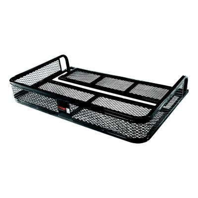 Universal ATV cargo carrier in black steel, featuring a durable mesh design and raised sides for secure transport.