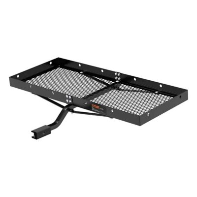 Black mesh tray hitch cargo carrier with sturdy adapter shank for vehicles, suitable for transporting up to 300 lbs.