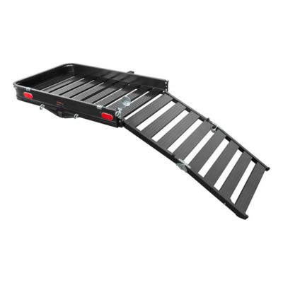 Black aluminum hitch cargo carrier with ramp and foldable shank, perfect for transporting items easily and securely.