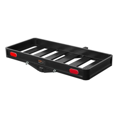 Black aluminum hitch cargo carrier with durable frame and red reflectors, ideal for transporting luggage and gear.