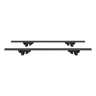 Black aluminum roof rack cross bars, two-pack, with sleek design and universal fit, perfect for vehicle cargo support.