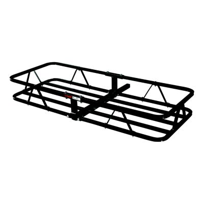 Black steel basket hitch cargo carrier with adapter shank, showing robust design and versatile utility for transport needs.