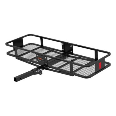 Black steel basket hitch cargo carrier with folding shank, featuring an open-mesh floor and sturdy side rails.