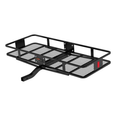 Black steel basket hitch cargo carrier with mesh design and fixed shank for vehicle transport.