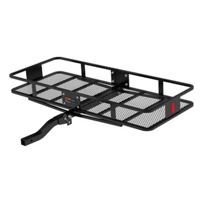 Black steel basket hitch cargo carrier with folding shank, featuring a mesh surface and side rails for secure transport.