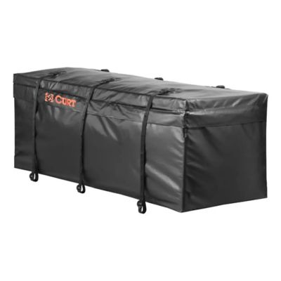 Weather-resistant black vinyl cargo bag for hitch carrier, featuring multiple straps and a durable design.