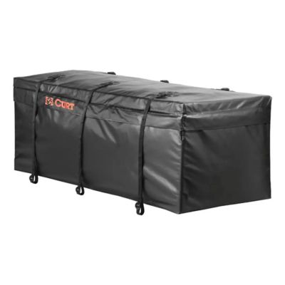Weather-resistant black vinyl cargo bag for hitch carriers, featuring durable construction and secure straps.