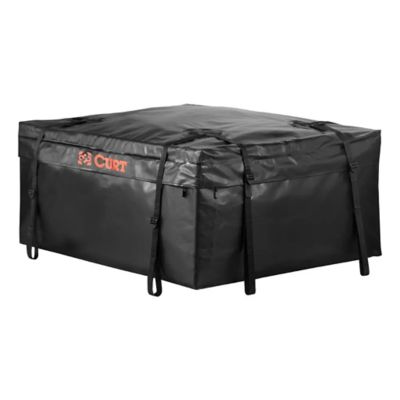 Black weather-resistant cargo bag for roof basket, featuring secure straps and durable vinyl material. Ideal for travel storage.