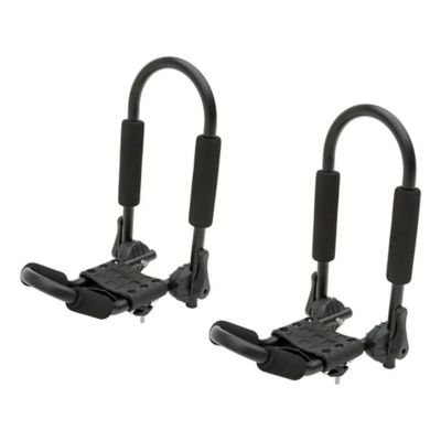 Universal aluminum kayak roof rack carrier, adjustable design, with padded hooks, shown in a two-pack set for secure transport.