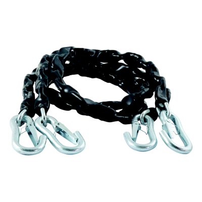 Vinyl-coated trailer safety chains with snap hooks, durable design, two-pack, providing strong break strength for towing.