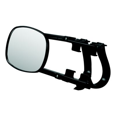 Universal strap-on adjustable towing mirror with extendable arm and black frame, designed for enhanced vehicle visibility.