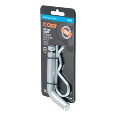 Trailer hitch pin and clip set packaged, featuring a grooved head design for easy use with 1-1/4 inch receiver compatibility.