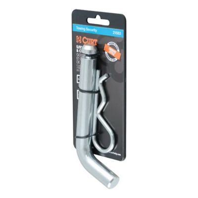 Trailer hitch pin and clip with grooved head, fits 2-inch to 2-1/2-inch receivers, showcased in secure packaging.