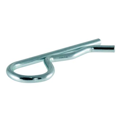 Trailer hitch clip with a durable, shiny metal finish, designed for 1/2 or 5/8-inch pins in towing applications.