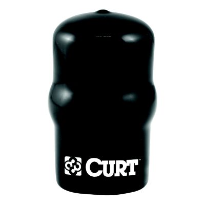 Black rubber trailer hitch ball cover by CURT, designed for 1-7/8 or 2-inch diameter. Durable and sleek design.