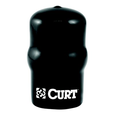 Black rubber trailer hitch ball cover, CURT brand logo, sleek design, offers protection for towing accessories.