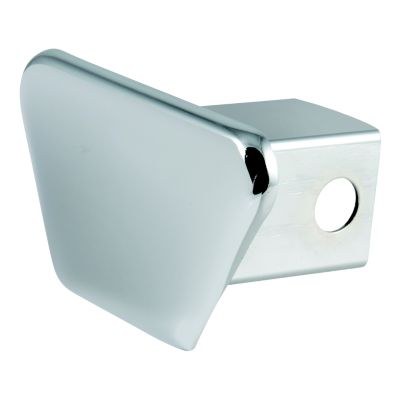 Chrome trailer hitch cover, CURT 22101, with sleek design, fitting standard receiver for enhanced vehicle appearance.
