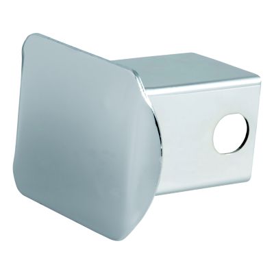 Chrome steel trailer hitch cover fits receiver, featuring a sleek, polished design for protection and style.