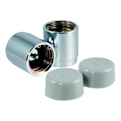 Trailer wheel bearing protectors and dust covers set, showcasing metal construction and sleek design, in a 2-pack.