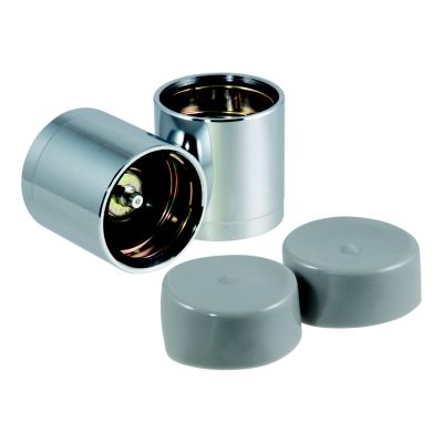 Trailer wheel bearing protectors and dust covers set, featuring a reflective chrome finish and durable gray caps.