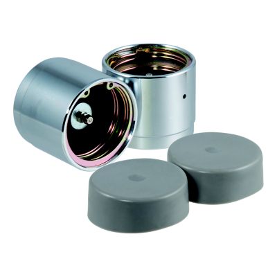 Trailer wheel bearing protectors and dust covers in a metallic finish with caps, 2-pack displayed on a white background.