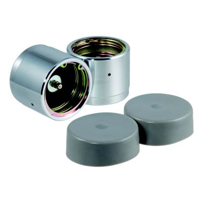 Trailer wheel bearing protectors and dust covers with metallic finish, shown with gray caps in a 2-pack set.