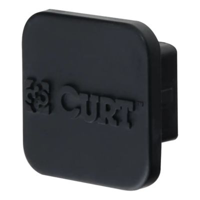 Black rubber trailer hitch cover from CURT, designed to fit a 1-1/4-inch receiver, showcasing protective functionality.