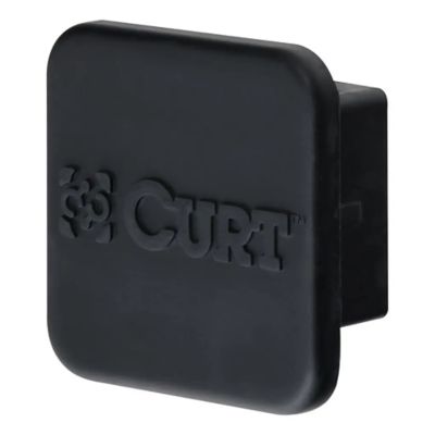 Black rubber trailer hitch cover with "CURT" embossed, designed for 2-inch receivers. Sleek, protective automotive accessory.