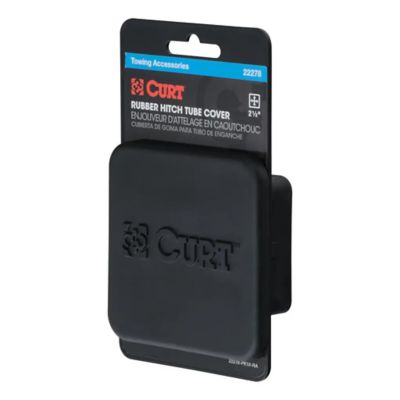 Rubber trailer hitch cover by CURT with embossed logo, designed for 2-1/2 inch receivers, in retail packaging.