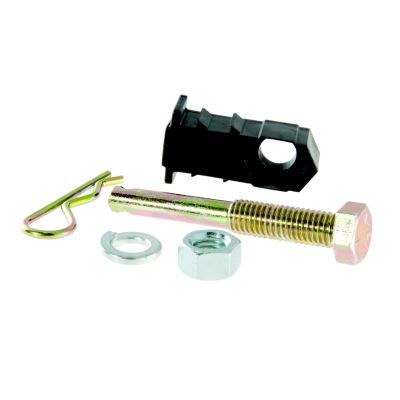 Anti-rattle hitch pin shim with bolt, nut, and clip for reducing noise in receiver connections.
