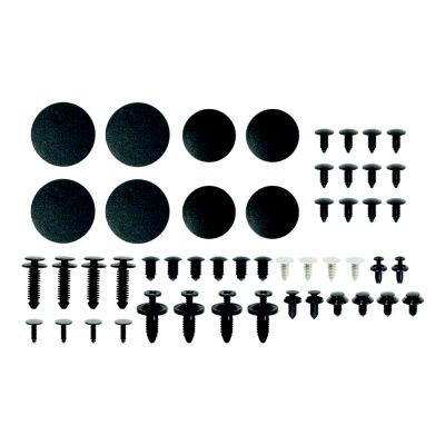 Assorted automotive trim panel retainers and frame hole plugs displayed in rows, featuring various shapes and sizes.